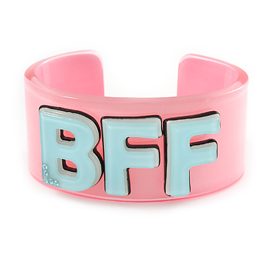 Light Pink/ Pale Blue 'BFF' Acrylic Cuff Bracelet Bangle (Adult Size) - 19cm - main view
