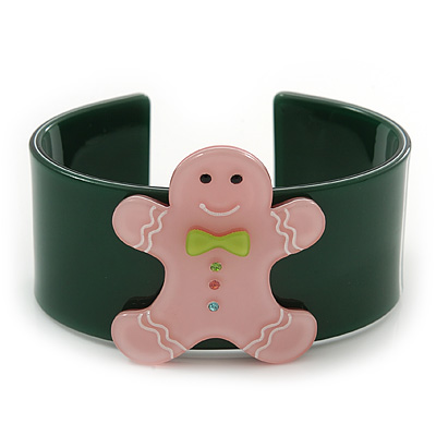Dark Green, Pink Crystal Acrylic 'Gingerbread Man' Cuff Bracelet - 19cm L