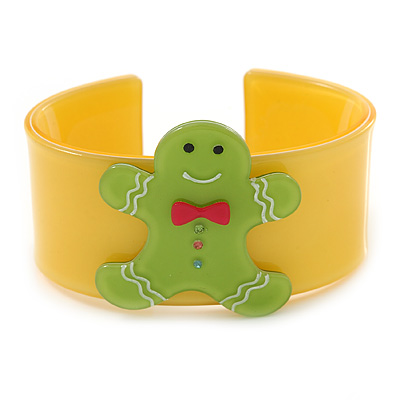 Yellow, Light Green Crystal Acrylic 'Gingerbread Man' Cuff Bracelet - 19cm L - main view