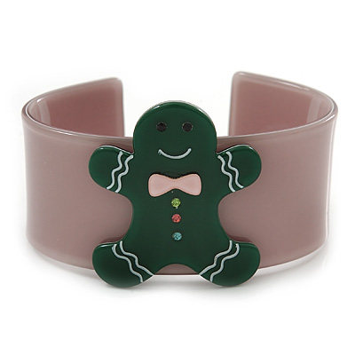 Beige, Dark Green Crystal Acrylic 'Gingerbread Man' Cuff Bracelet - 19cm L