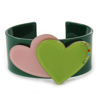 Dark Green, Pink, Salad Green Acrylic, Austrian Crystal Hearts Cuff Bracelet - 19cm L
