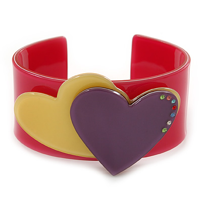 Magenta, Yellow, Purple Acrylic, Austrian Crystal Hearts Cuff Bracelet - 19cm L