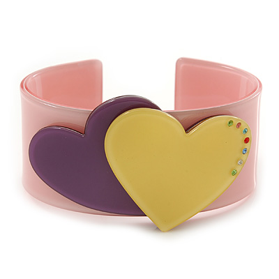 Light Pink, Purple, Yellow Acrylic, Austrian Crystal Hearts Cuff Bracelet - 19cm L - main view