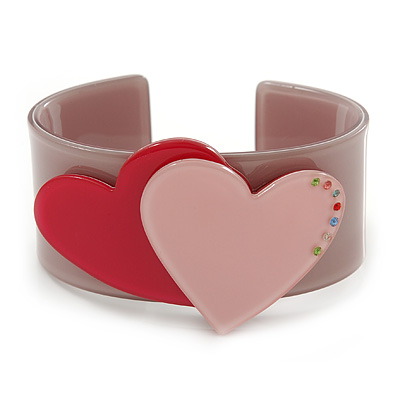 Beige, Pink, Magenta Acrylic, Austrian Crystal Hearts Cuff Bracelet - 19cm L - main view