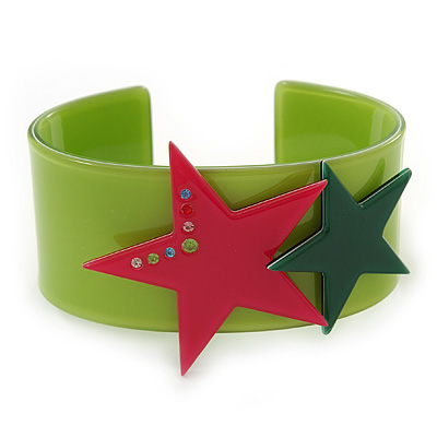 Light Green Acrylic Cuff Bracelet With Crystal Double Star Motif (Deep Pink, Dark Green) - 19cm L