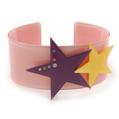 Light Pink Acrylic Cuff Bracelet With Crystal Double Star Motif (Purple, Yellow) - 19cm L