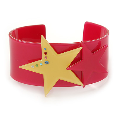 Deep Pink Acrylic Cuff Bracelet With Crystal Double Star Motif (Deep Pink, Yellow) - 19cm L