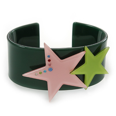 Dark Green Acrylic Cuff Bracelet With Crystal Double Star Motif (Pink, Light Green) - 19cm L
