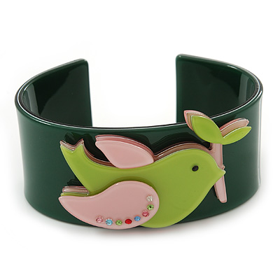 Dark Green, Pink, Salad Green Acrylic, Austrian Crystal Dove Cuff Bracelet - 19cm L - main view