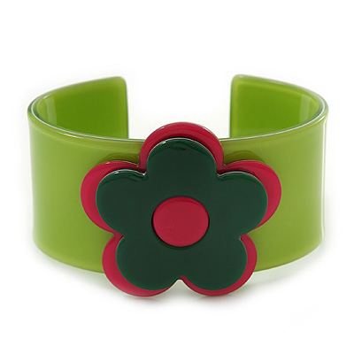 Green, Deep Pink 'Modern Flower' Acrylic Cuff Bracelet - 19cm L - main view