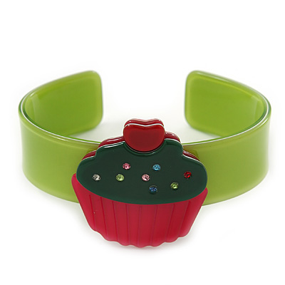 Light Green, Deep Pink, Dark Green Acrylic, Austrian Crystal Cupcake Cuff Bracelet - 19cm L - main view