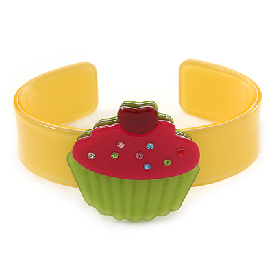 Yellow, Light Green, Deep Pink Acrylic, Austrian Crystal Cupcake Cuff Bracelet - 19cm L - main view