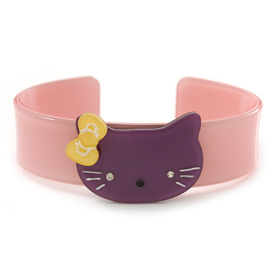 Light Pink, Purple Acrylic 'Kitty' Cuff Bracelet - 19cm L - main view