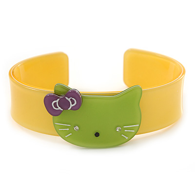 Yellow, Light Green Acrylic 'Kitty' Cuff Bracelet - 19cm L - main view