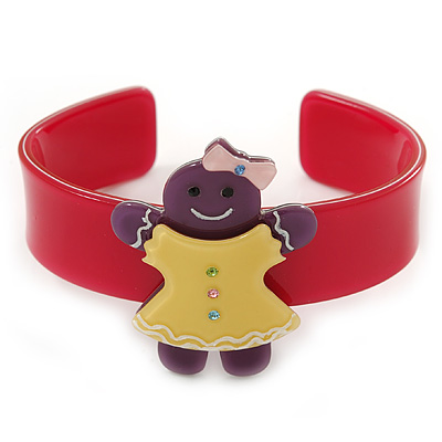 Deep Pink, Purple, Yellow Crystal Acrylic 'Gingerbread Girl' Cuff Bracelet - 19cm L - main view