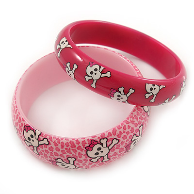 PINK COOKIE IN BOX Set Of Two Pink, Skull, Acrylic Slip-On Bangles - 18cm L
