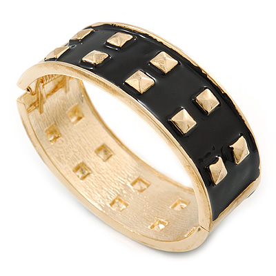 Black Enamel Studded Hinged Bangle Bracelet In Gold Tone - 18cm L