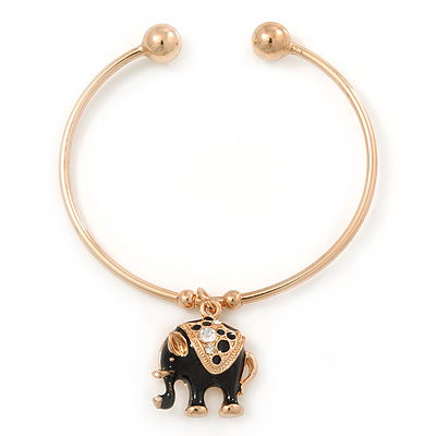 Gold Tone Slip-On Cuff Bracelet With A Black Enamel Elephant Charm - 19cm L - main view