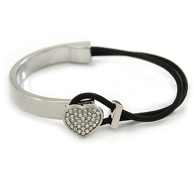 Clear Crystal Heart Bangle Bracelet With Black Silk Stretch Cord In Silver Tone - 18cm L