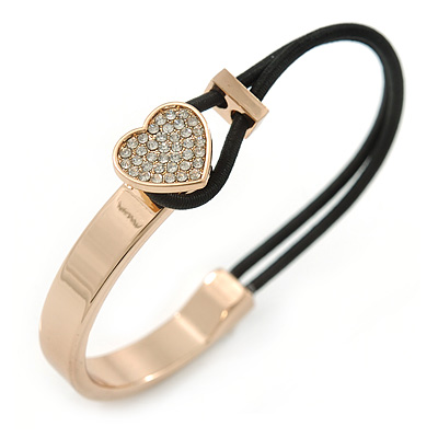 Clear Crystal Heart Bangle Bracelet With Black Silk Stretch Cord In Gold Tone - 18cm L