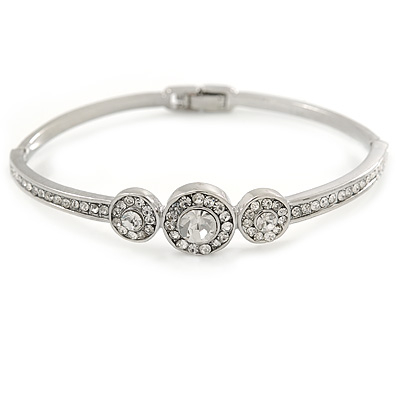 Silver Tone, Crystal Triple Circle Bangle Bracelet - 18cm L