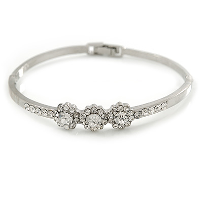 Silver Tone, Crystal Triple Flower Bangle Bracelet - 18cm L