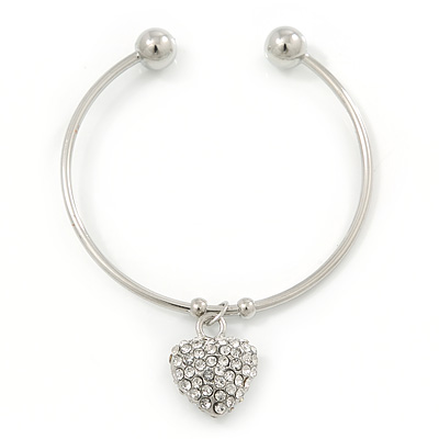 Silver Tone Slip-On Cuff Bracelet With A Crystal Heart Charm - 18cm L