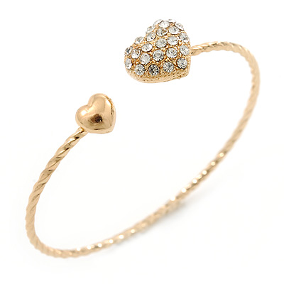 'Double Heart' Crystal, Twisted, Gold Plated Cuff Bracelet - Adjustable