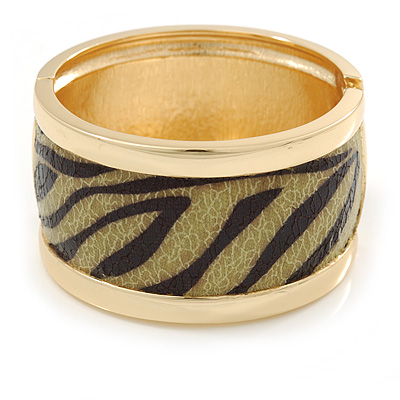 Wide 'Zebra Print' Hinged Bangle Bracelet In Gold Plating (Olive/ Black) - 18cm L