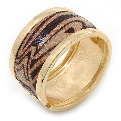 Wide 'Zebra Print' Hinged Bangle Bracelet In Gold Plating (Beige/ Black) - 18cm L