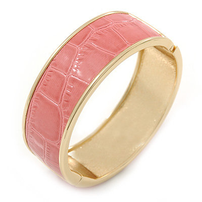 Pink Leather Style Snake Print Magnetic Bangle Bracelet In Gold Plating - 19cm L