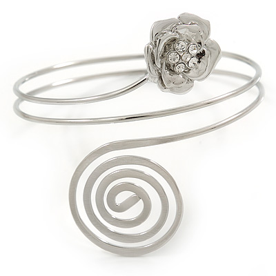 Rhodium Plated Crystal Flower and Swirl Circle Upper Arm, Armlet Bracelet - 27cm L - main view