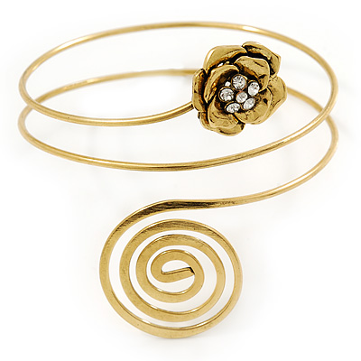 Gold Tone Crystal Flower and Swirl Circle Upper Arm, Armlet Bracelet - 27cm L - main view