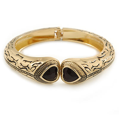 Vintage Inspired Double Heart Etched Hinged Bangle Bracelet In Gold Tone - 18cm L