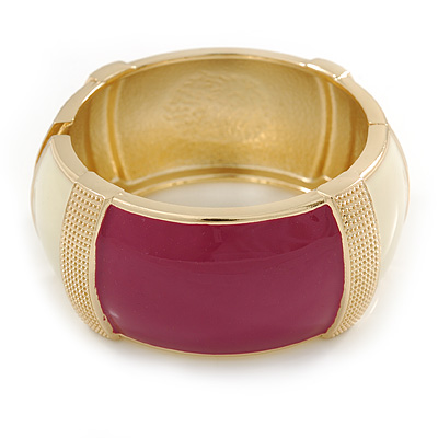 Chunky Cream/ Plum Enamel Hinged Bangle Bracelet In Gold Tone - 19cm L - main view