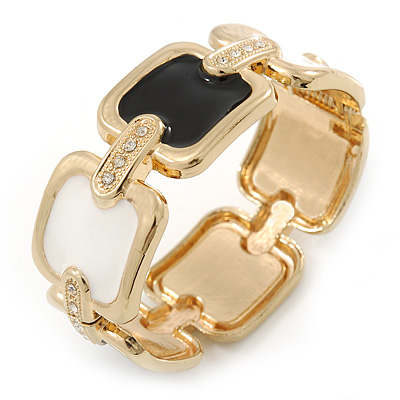 Black/ White Enamel Square, Crystal Hinged Bangle Bracelet In Gold Tone - 19cm L