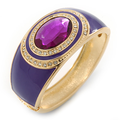 Purple Enamel Crystal Hinged Bangle Bracelet In Gold Plating - 18cm L
