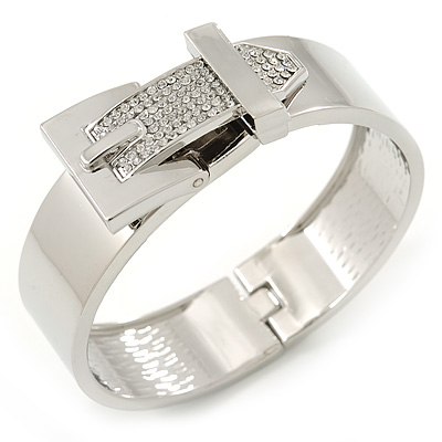 Polished Silver Tone, Clear Crystal 'Belt' Bangle Bracelt - 19cm L