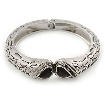 Vintage Inspired Double Heart Etched Hinged Bangle Bracelet In Silver Tone - 18cm L