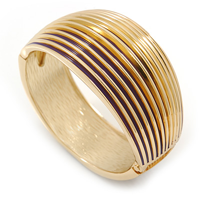 Purple Enamel Ruffled Hinged Bangle Bracelet In Gold Plating - 19cm L