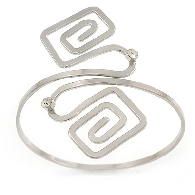 Polished Silver Tone Swirl Squares Upper Arm, Armlet Bracelet - 27cm L - Adjustable