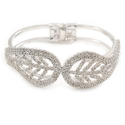 Silver Plated Clear Crystal Leaf Hinged Bangle Bracelet - up to 19cm L