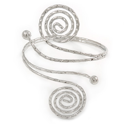 Egyptian Style Swirl Upper Arm, Armlet Bracelet In Rhodium Plating with Hammered Detailing - Adjustable - main view