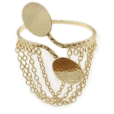 Gold Tone Double Oval Disk Hammered Upper Arm/ Armlet Bracelet with Chains - Adjustable