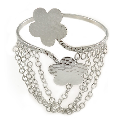 Silver Tone Double Flower Hammered Upper Arm/ Armlet Bracelet with Chains - Adjustable - main view