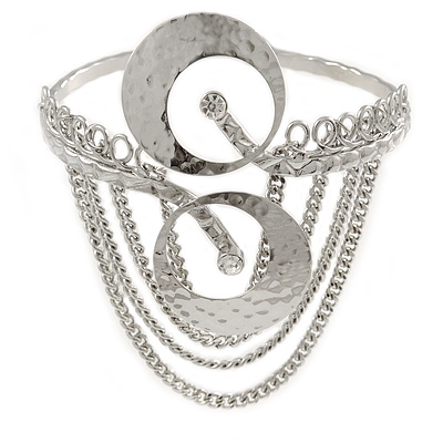 Silver Tone Double Disk Hammered Upper Arm/ Armlet Bracelet with Chains - Adjustable