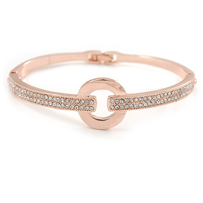 Clear Crystal Open Eternity Circle of Love Bangle Bracelet In Rose Gold Tone Metal - 19cm L
