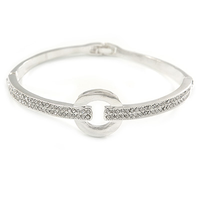 Clear Crystal Open Eternity Circle of Love Bangle Bracelet In Rhodium Plated Metal - 19cm L