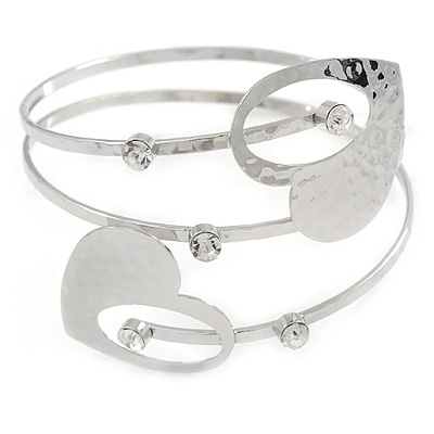 Silver Plated Hammered Double Heart Armlet Bangle - 27cm L