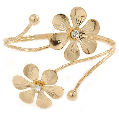 Gold Tone Double Flower Upper Arm, Armlet Bracelet - Adjustable - main view